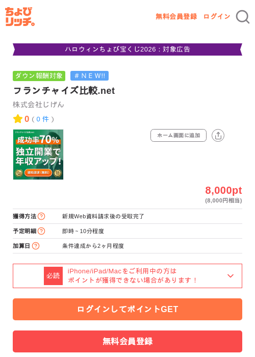 フランチャイズ比較.netの掲載記録画像（ちょびリッチ・2026年10月26日）