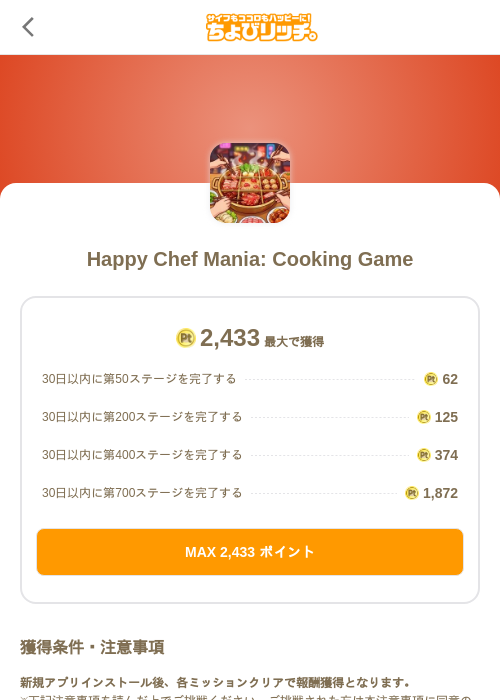 Happy Chef Mania: Cooking Gameの掲載記録画像（ちょびリッチ（SKYFLAG）・2026年10月27日）