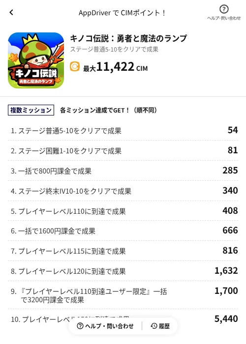 キノコ伝説：勇者と魔法のランプの掲載記録画像（COINCOME（AppDriver）・2026年10月27日）