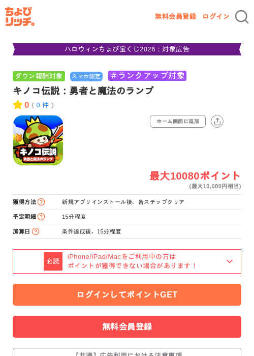 キノコ伝説：勇者と魔法のランプの掲載記録画像（ちょびリッチ・2026年10月28日）