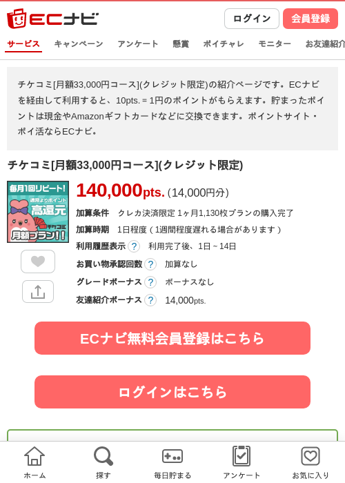 チケコミ[月額33,000円コース](クレジット限定)の掲載記録画像（ECナビ・2026年10月29日）